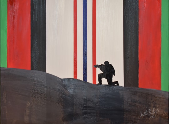 Afghanistan Campaign Medal's ribbon backdrops this painting with the silhouette of a soldier kneeling in a security posture on an Afghan mountain in the foreground.