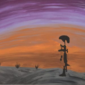 Battlefield cross silhouette with a purple and orange sky in the background and a grey ground in the foreground
