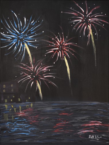 Fireworks over the water acrylic painting